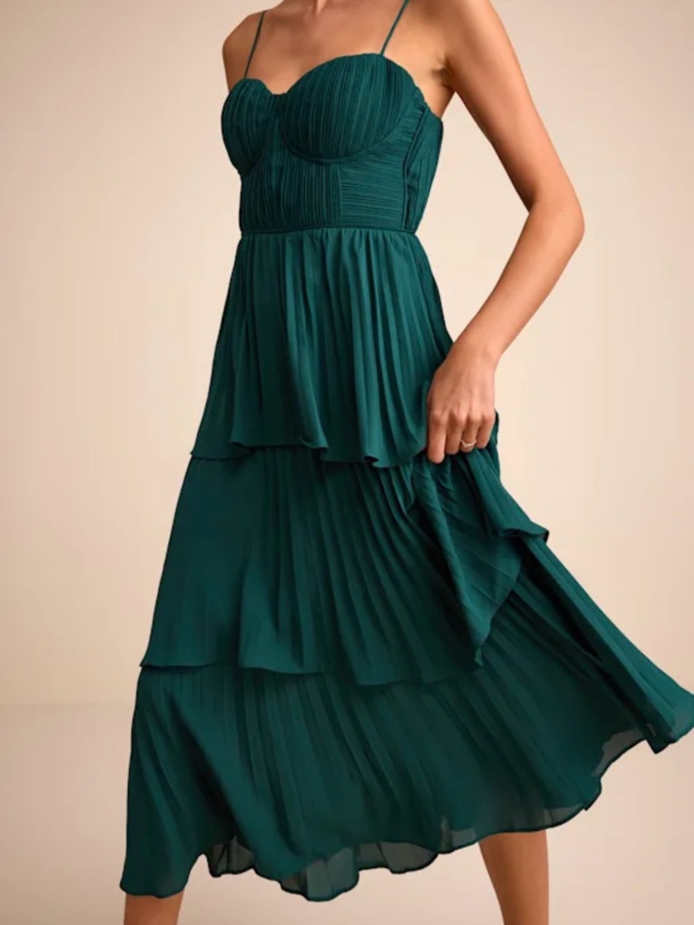 Emerald Green Tiered Pleated Midi Dress - Women